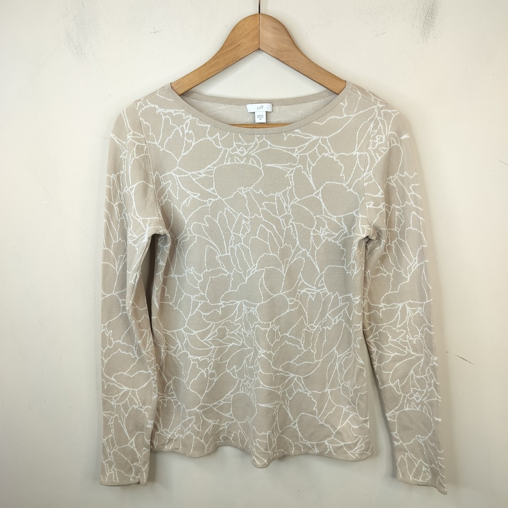 J. Jill Floral Knit Sweater XS Long Sleeve Casual Tan Cotton